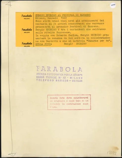 Sergio Endrigo Festival di Sanremo 1968 Ft 35728 - Stampa 21x27 cm - Farabola Stampa ai sali d'argento