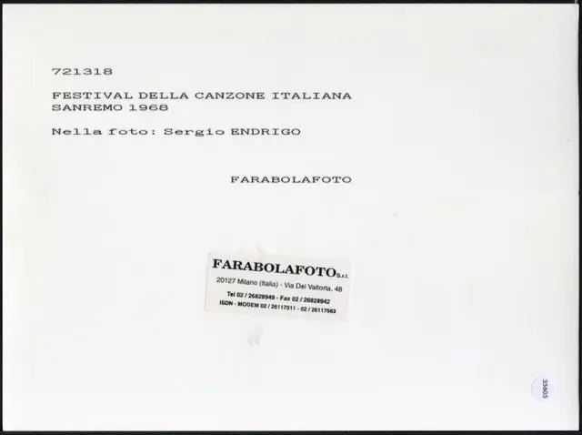 Sergio Endrigo Sanremo 1968 Ft 35605 - Stampa 24x18 cm - Farabola Stampa ai sali d'argento (anni 90)