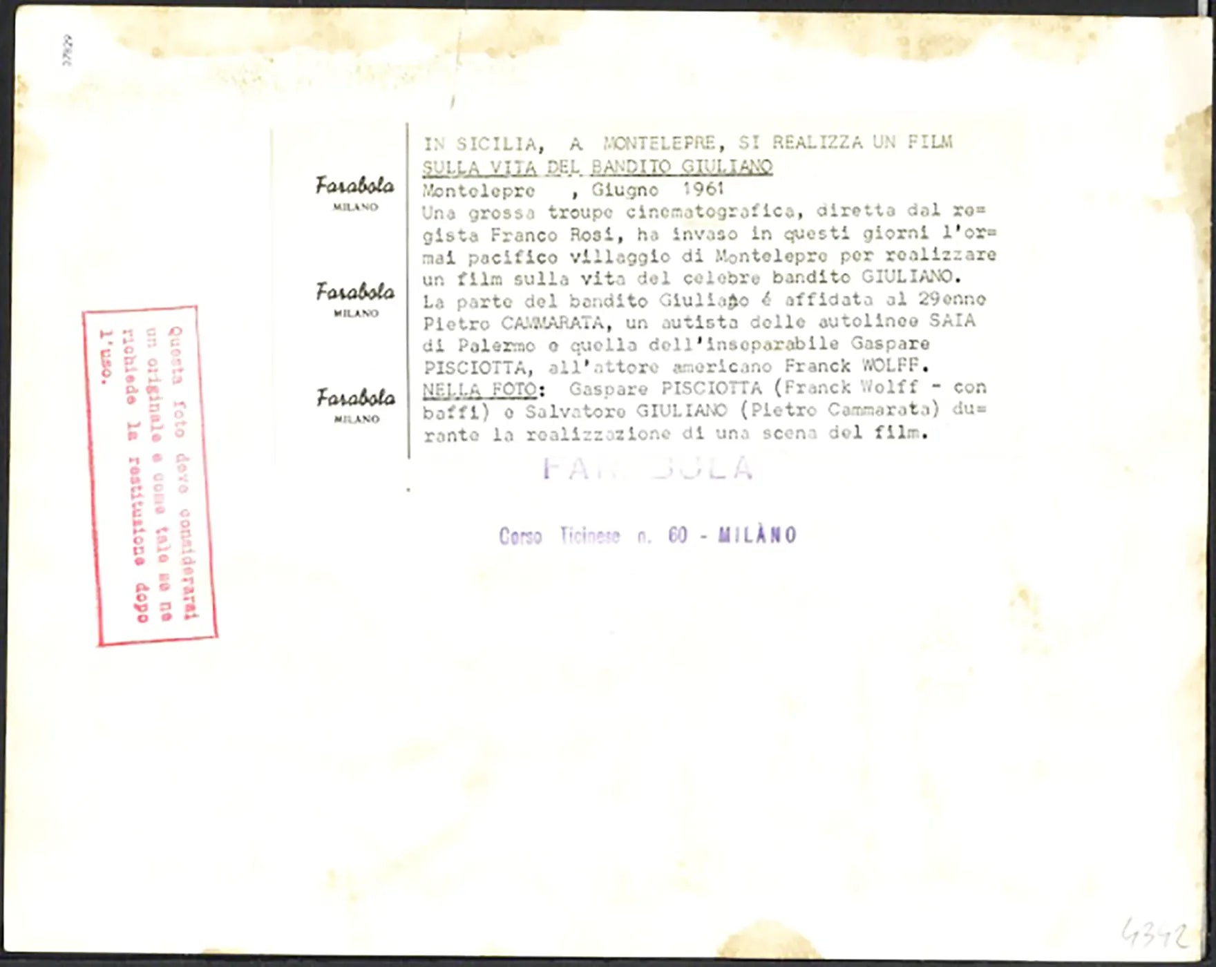 Set del film Salvatore Giuliano 1961 Ft 37829 - Stampa 21x27 cm - Farabola Stampa ai sali d'argento