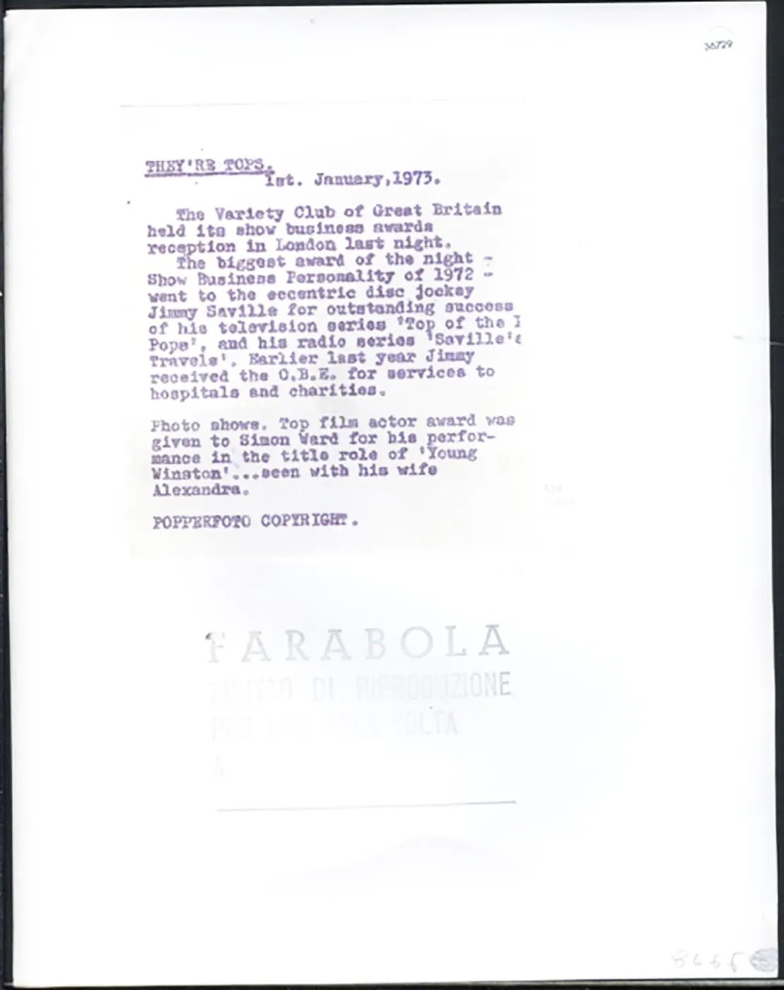 Simon Ward Show Business Personality 1973 Ft 36729 - Stamp 21x27 cm - Farabola Stampa ai sali d'argento