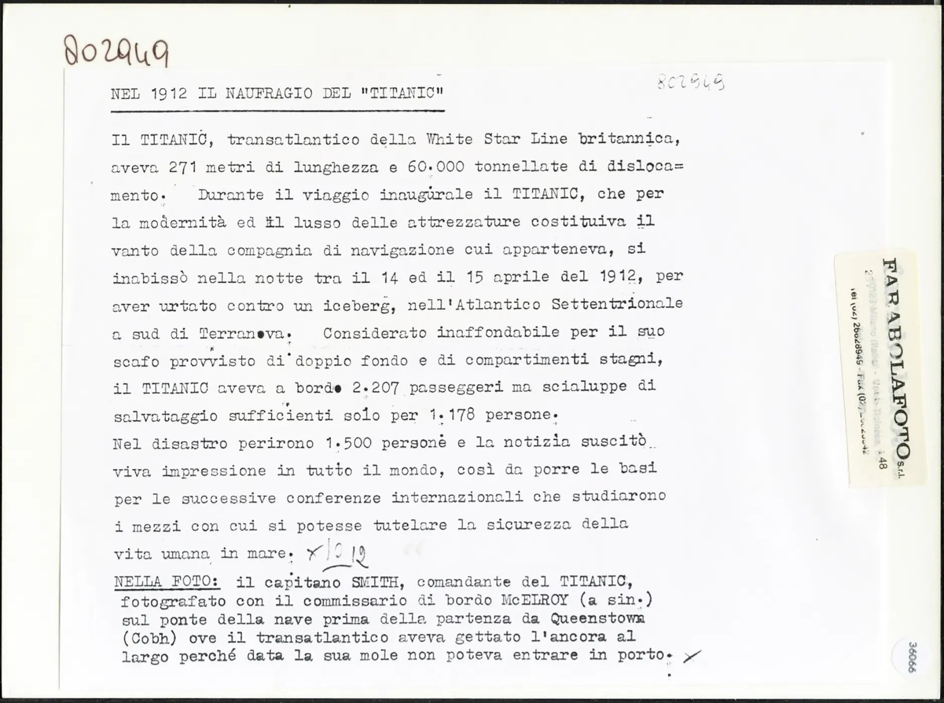 Smith, capitano del Titanic 1912 Ft 36066 - Stampa 24x18 cm - Farabola Stampa ai sali d'argento (anni 90)