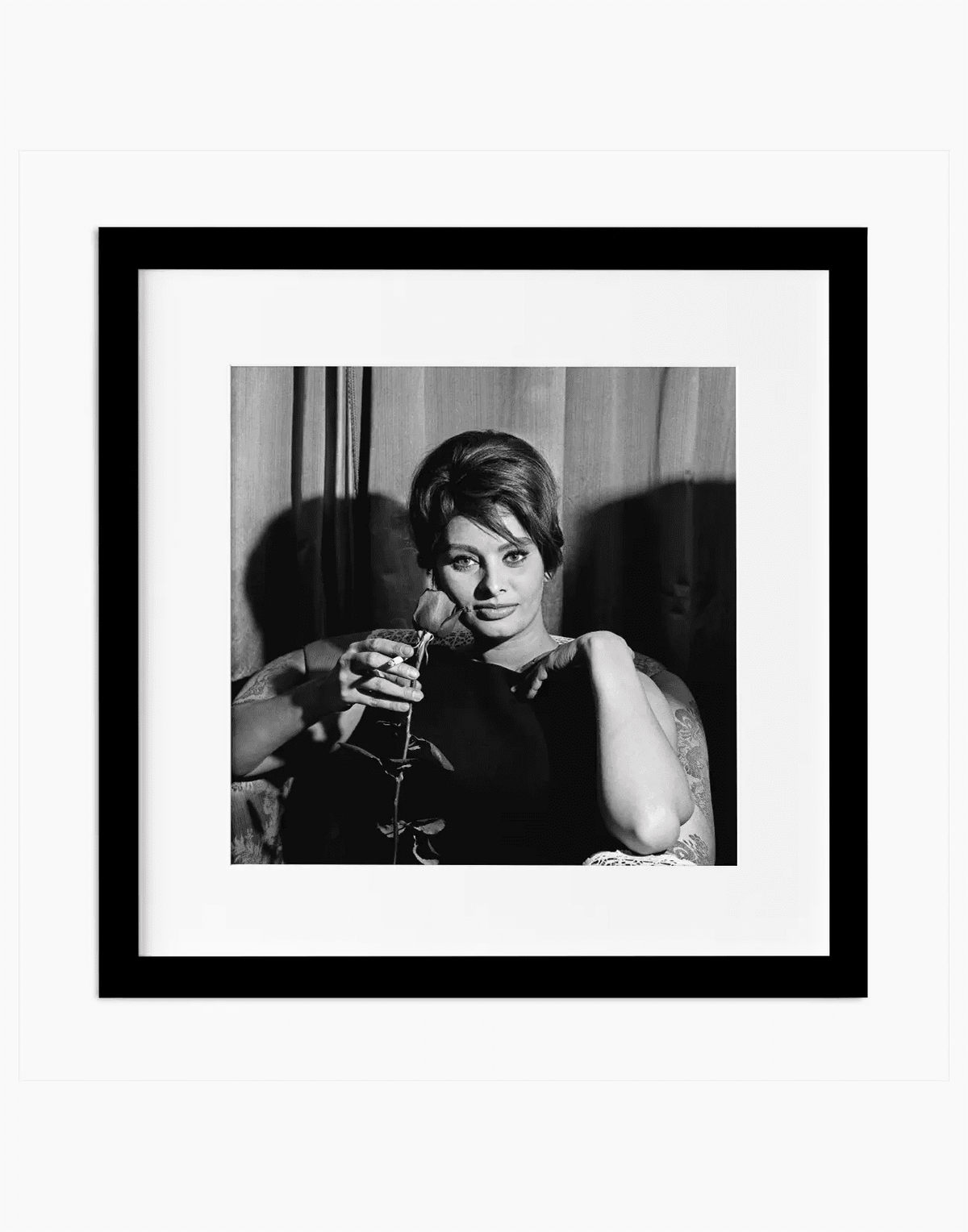 Sophia Loren con una rosa, 1960 — stampa fine art con cornice nera