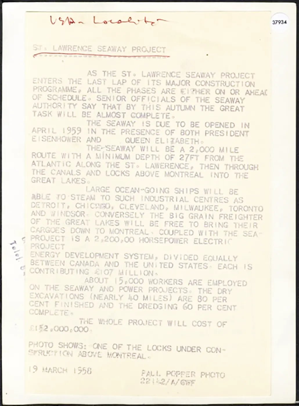 St. Lawrence Seaway Project a Montreal 1958 Ft 37934 - Stampa 20x15 cm - Farabola Stampa ai sali d'argento