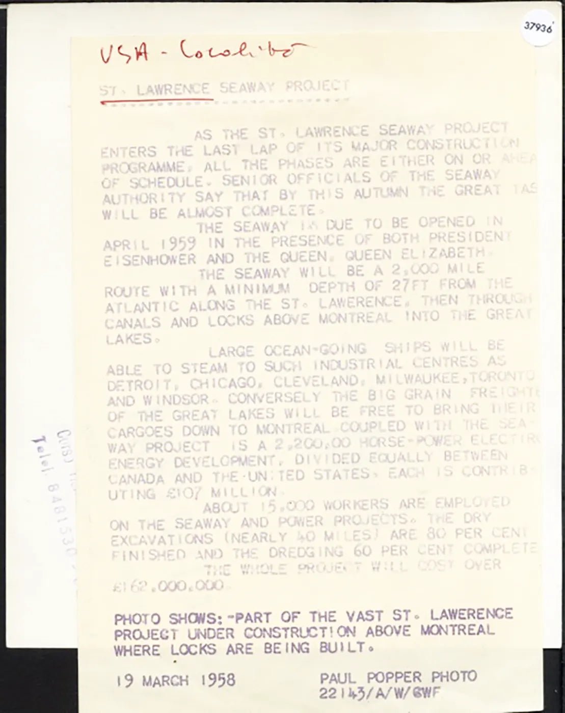 St. Lawrence Seaway Project a Montreal 1958 Ft 37936 - Stampa 20x15 cm - Farabola Stampa ai sali d'argento