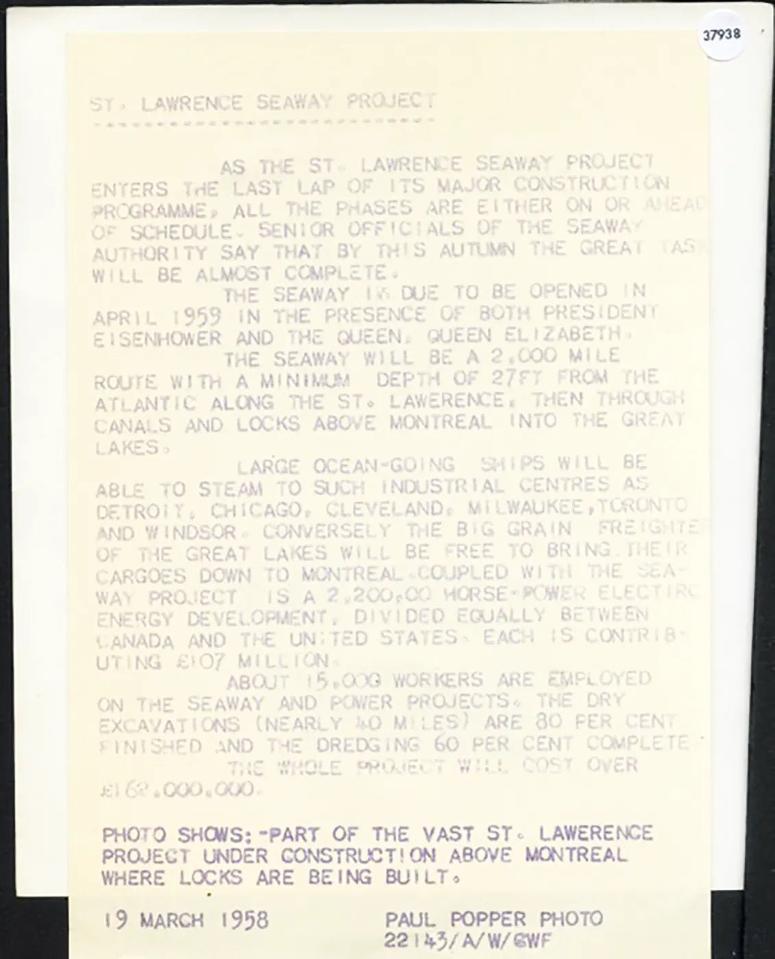 St. Lawrence Seaway Project a Montreal 1958 Ft 37938 - Stampa 20x15 cm - Farabola Stampa ai sali d'argento
