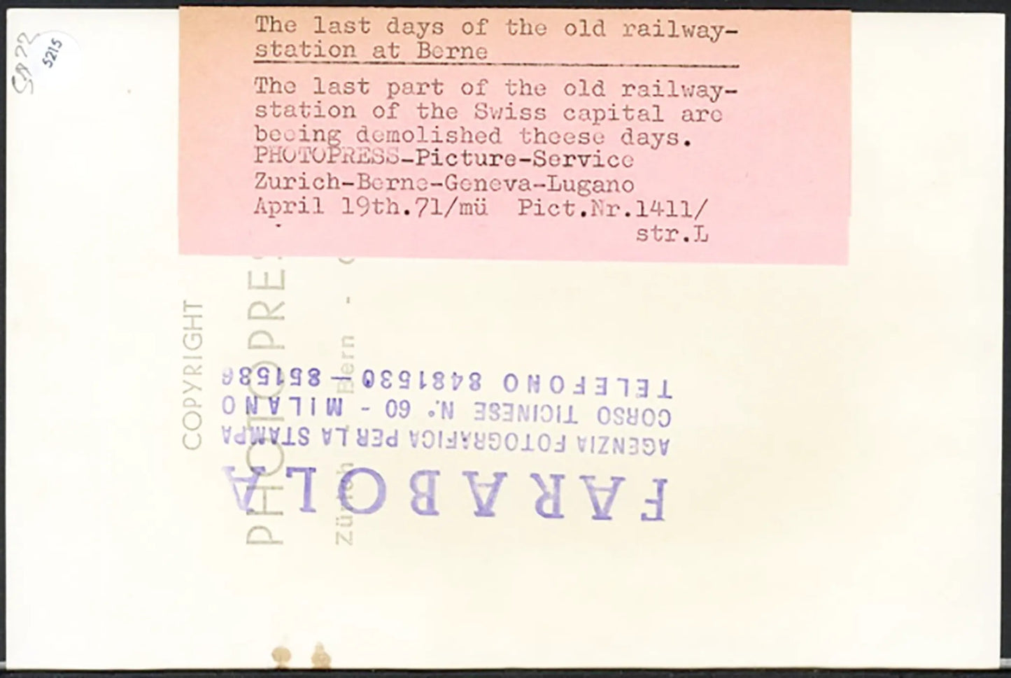 Stazione di Berna in chiusura 1971 Ft 5215 - Stampa 18x13 cm - Farabola Stampa ai sali d'argento