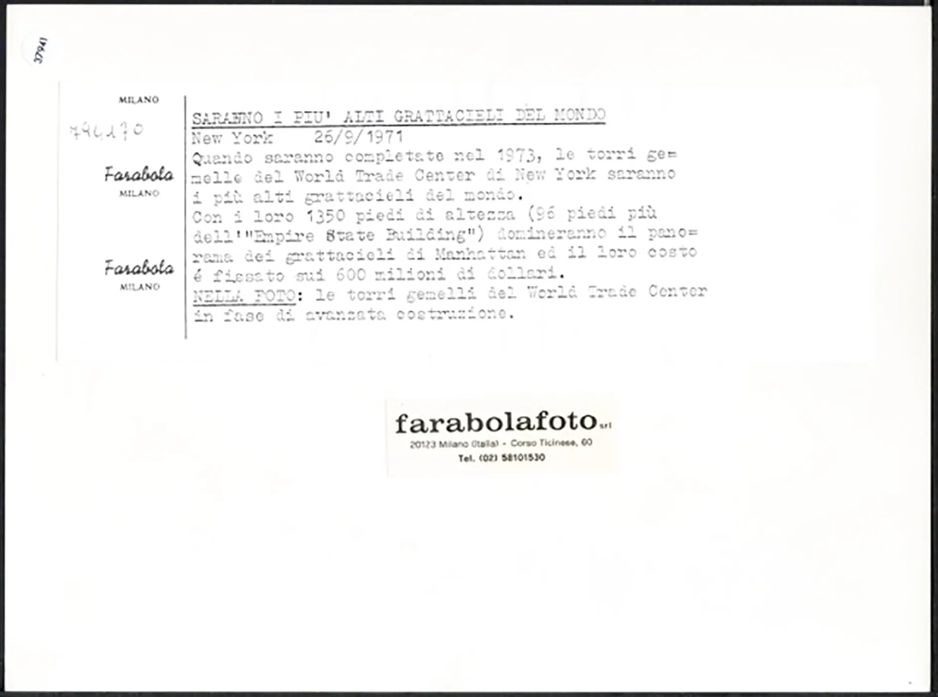 Torri Gemelle in costruzione a New York 1971 Ft 37941 - Stampa 24x18 cm - Farabola Stampa ai sali d'argento