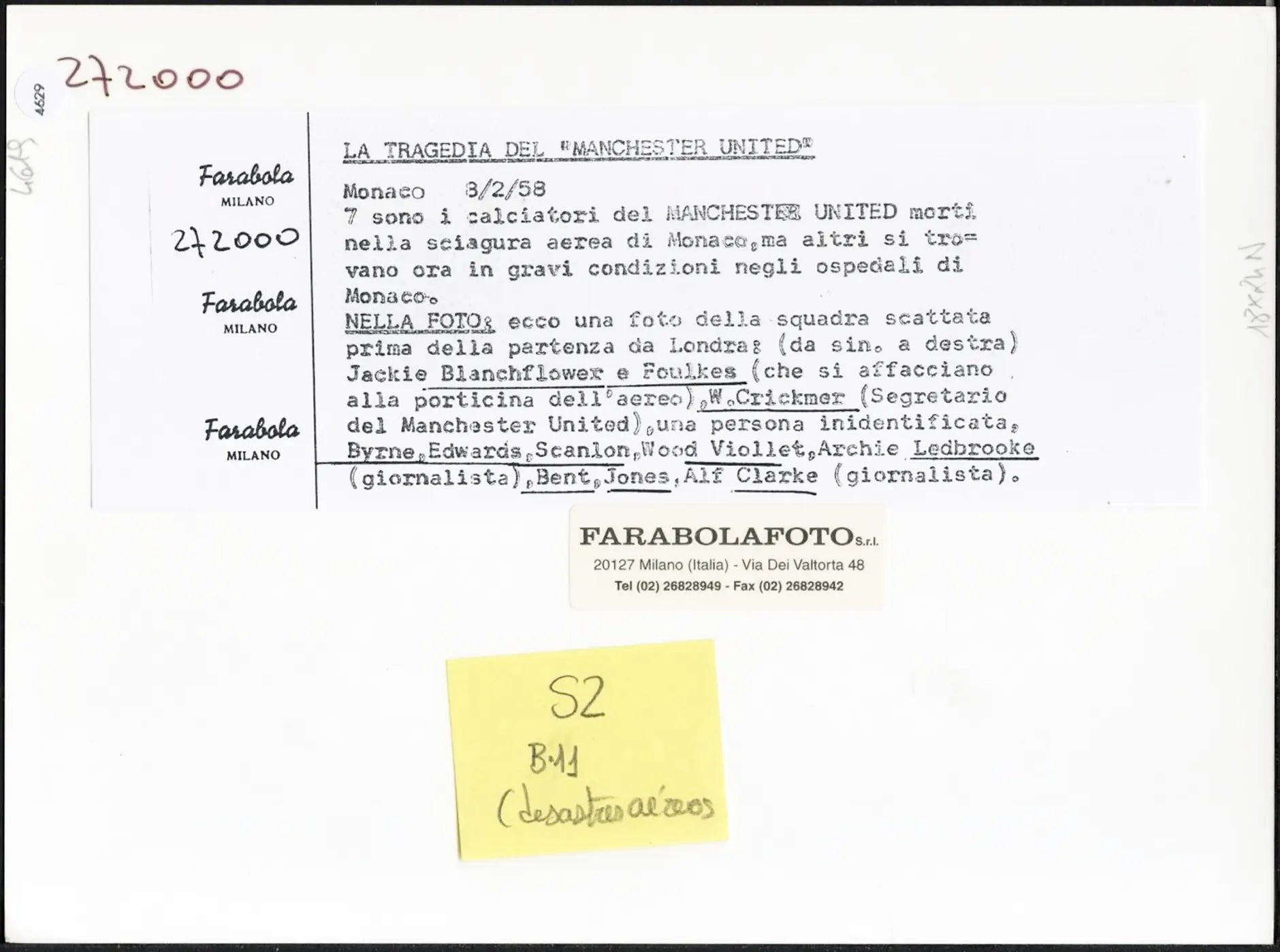 Tragedia del Manchester United 1958 Ft 4629 - Stampa 24x18 cm - Farabola Stampa ai sali d'argento (anni 90)