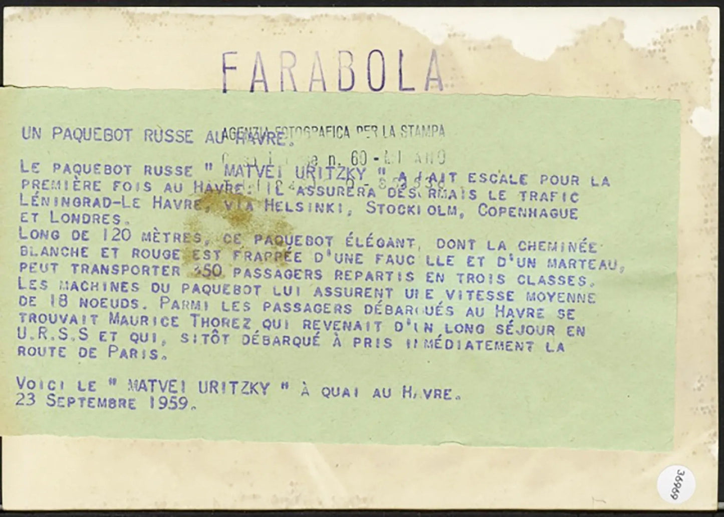 Transatlantico russo Matvei Uritzky 1959 Ft 36969 - Stampa 13x18 cm - Farabola Stampa ai sali d'argento