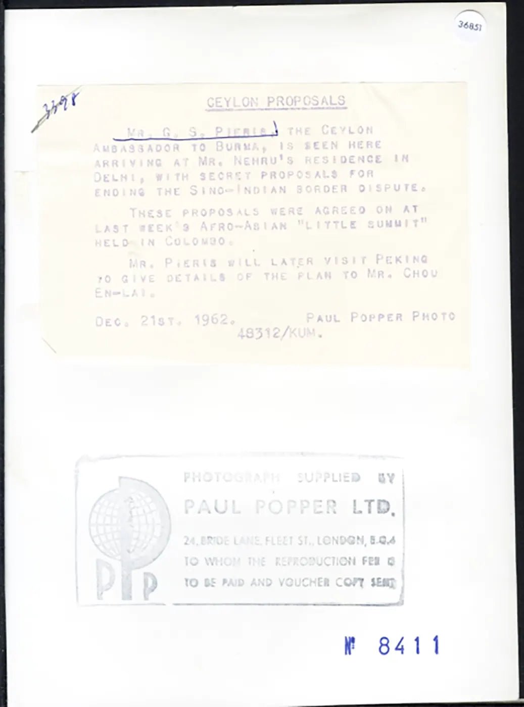 Trattati di pace tra Cina e India 1962 Ft 36851 - Stampa 20x15 cm - Farabola Stampa ai sali d'argento