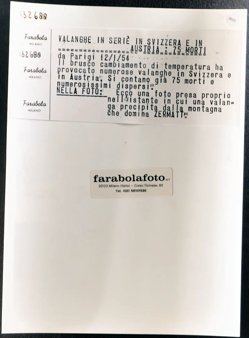 Valanga in Svizzera 1954 Ft 3105 - Stampa 24x18 cm - Farabola Stampa ai sali d'argento (anni 90)