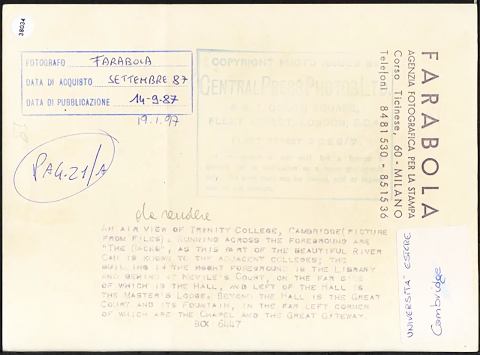 Veduta aerea del Trinity College Londra 1964 Ft 38034 - Stampa 20x15 cm - Farabola Stampa ai sali d'argento