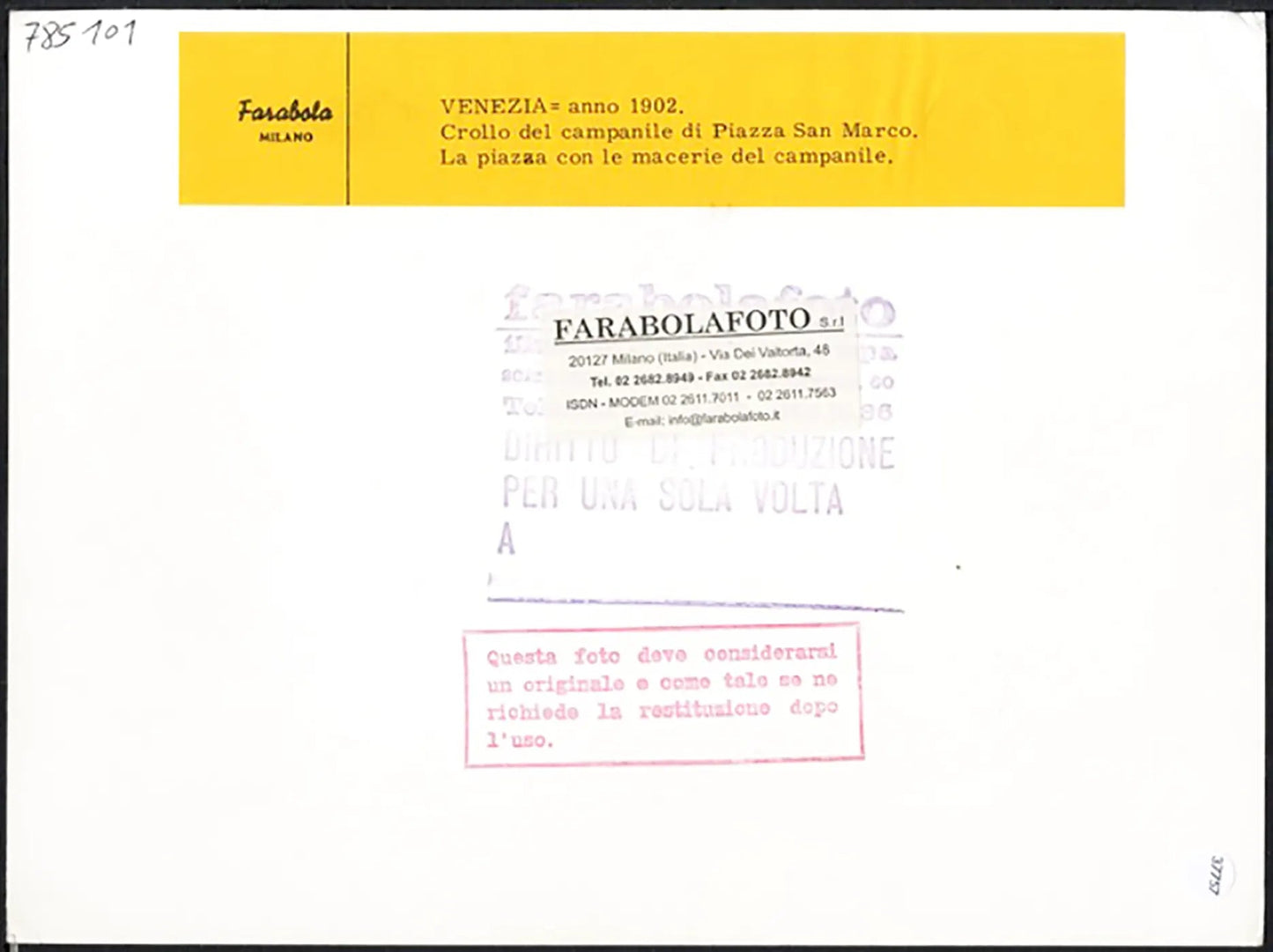 Venezia Crollo Campanile 1902 Ft 37757 - Stampa 24x18 cm - Farabola Stampa ai sali d'argento (anni 90)