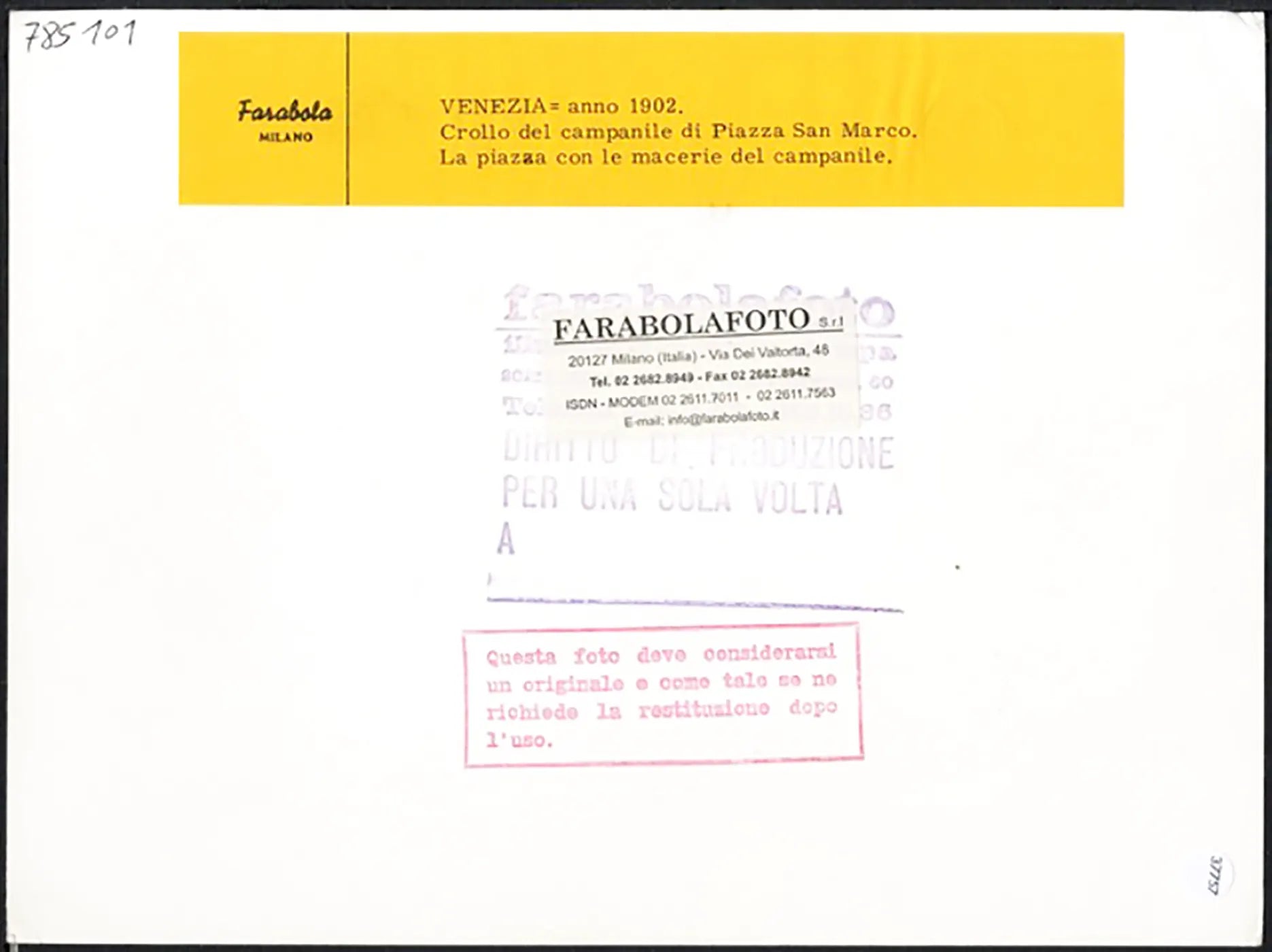 Venezia Crollo Campanile 1902 Ft 37757 - Stampa 24x18 cm - Farabola Stampa ai sali d'argento (anni 90)