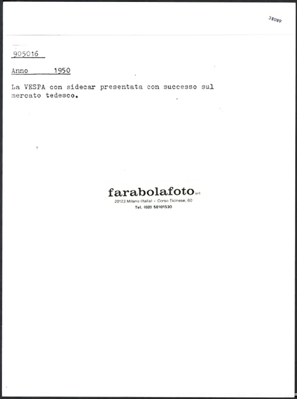 Vespa con sidecar 1950 Ft 38089 - Stampa 24x18 cm - Farabola Stampa ai sali d'argento (anni 90)