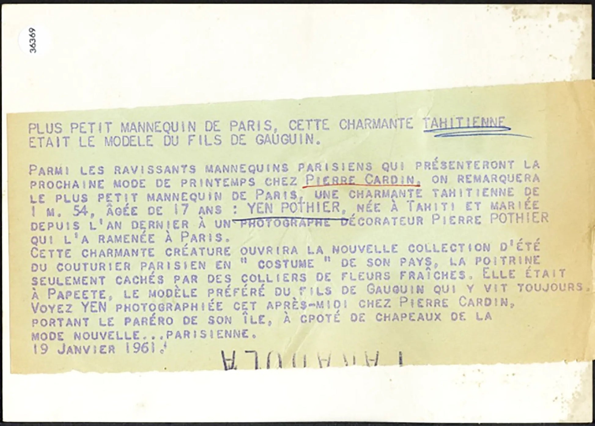 Yen Pothier, modella Pierre Cardin 1961 Ft 36369 - Stampa 13x18 cm - Farabola Stampa ai sali d'argento