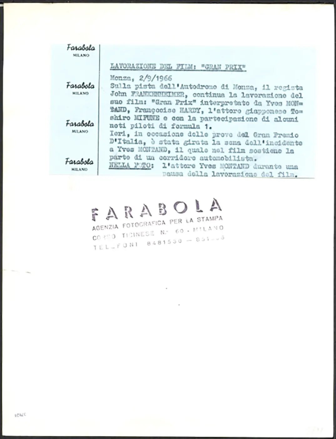 Yves Montand sul set di Grand Prix 1966 Ft 37828 - Stampa 21x27 cm - Farabola Stampa ai sali d'argento