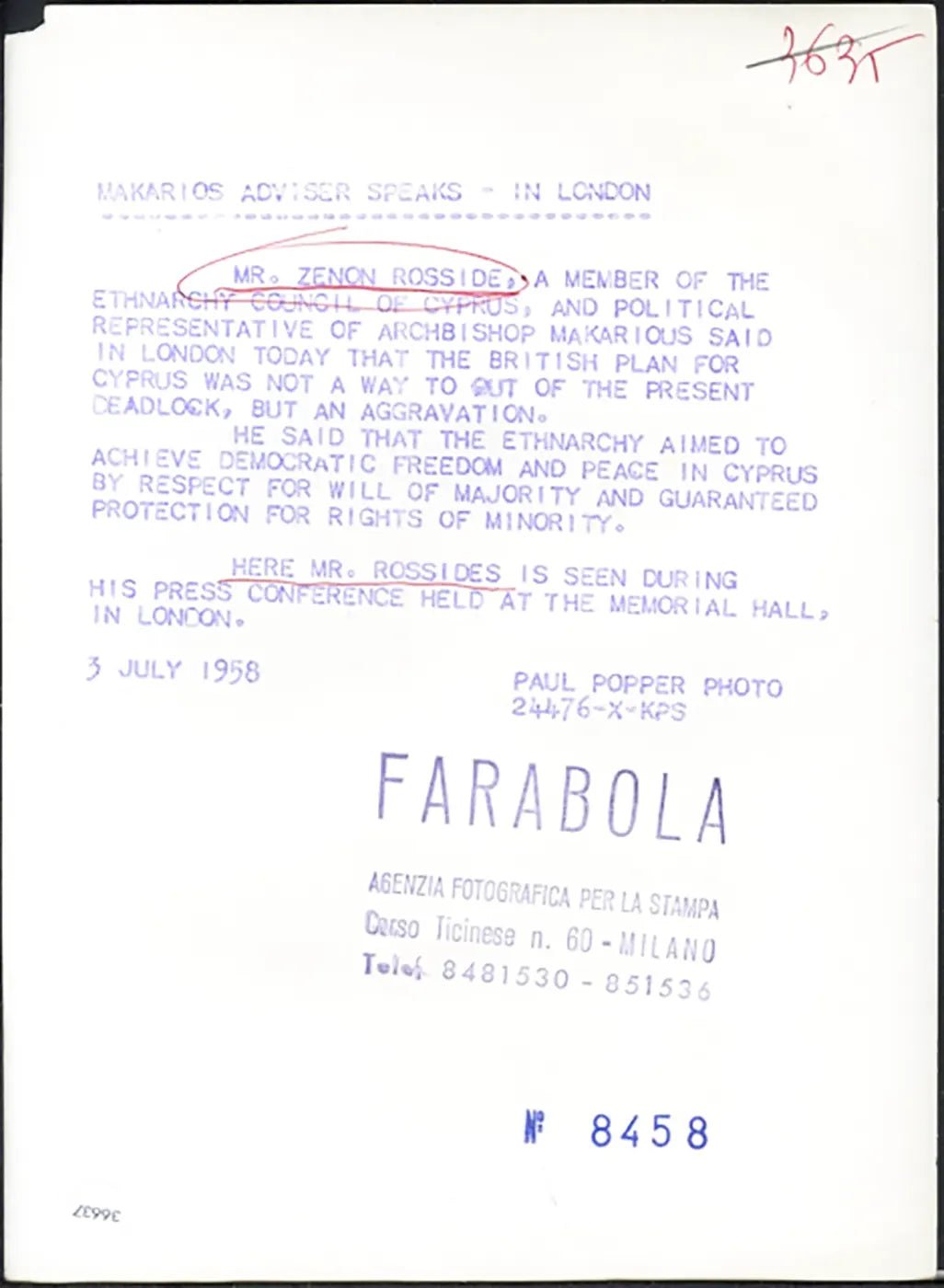 Zenon Rossides di Cipro 1958 Ft 36637 - Stampa 20x15 cm - Farabola Stampa ai sali d'argento