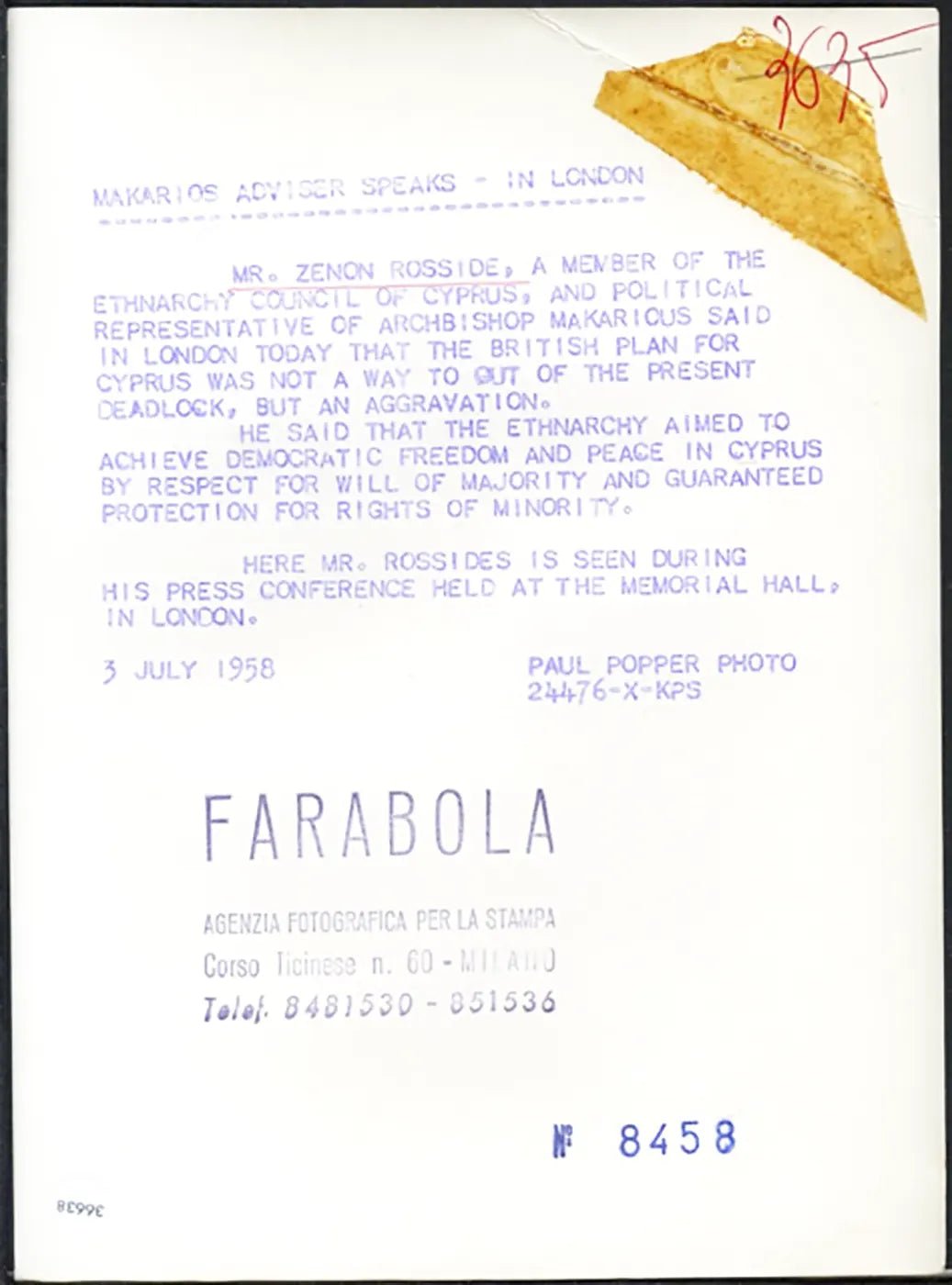 Zenon Rossides di Cipro 1958 Ft 36638 - Stampa 20x15 cm - Farabola Stampa ai sali d'argento