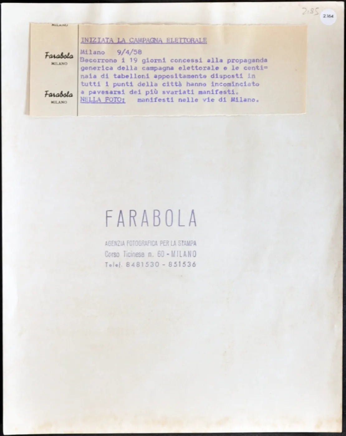 Elezioni 1958 Manifesti elettorali Ft 2164 - Stampa 21x27 cm - Farabola Stampa ai sali d'argento