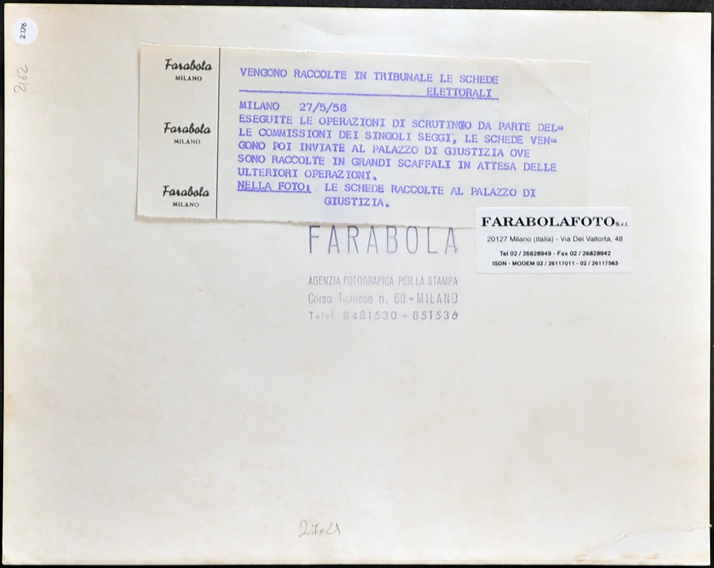 Elezioni 1958 Schede elettorali Ft 2176 - Stampa 21x27 cm - Farabola Stampa ai sali d'argento