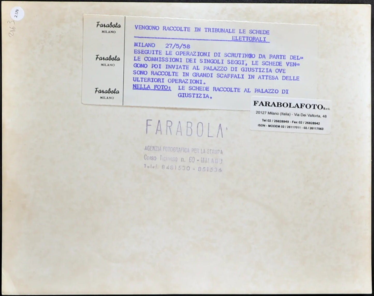 Elezioni 1958 Schede elettorali Ft 2178 - Stampa 21x27 cm - Farabola Stampa ai sali d'argento