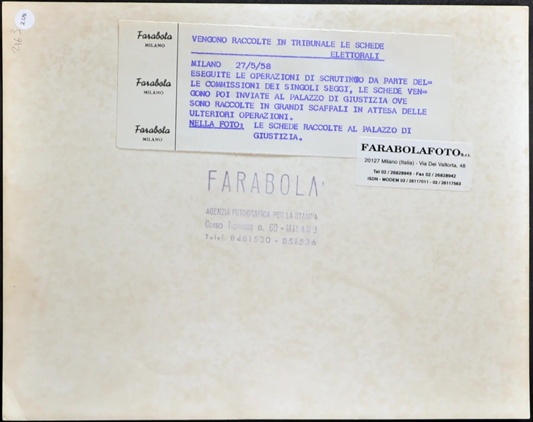 Elezioni 1958 Schede elettorali Ft 2178 - Stampa 21x27 cm - Farabola Stampa ai sali d'argento