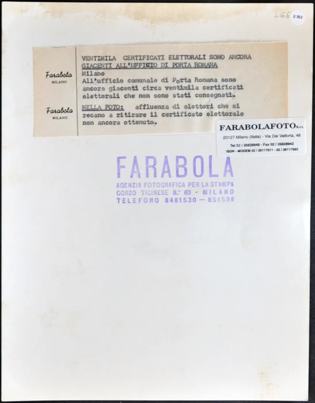 Elezioni 1963 Certificati elettorali Ft 2183 - Stampa 21x27 cm - Farabola Stampa ai sali d'argento