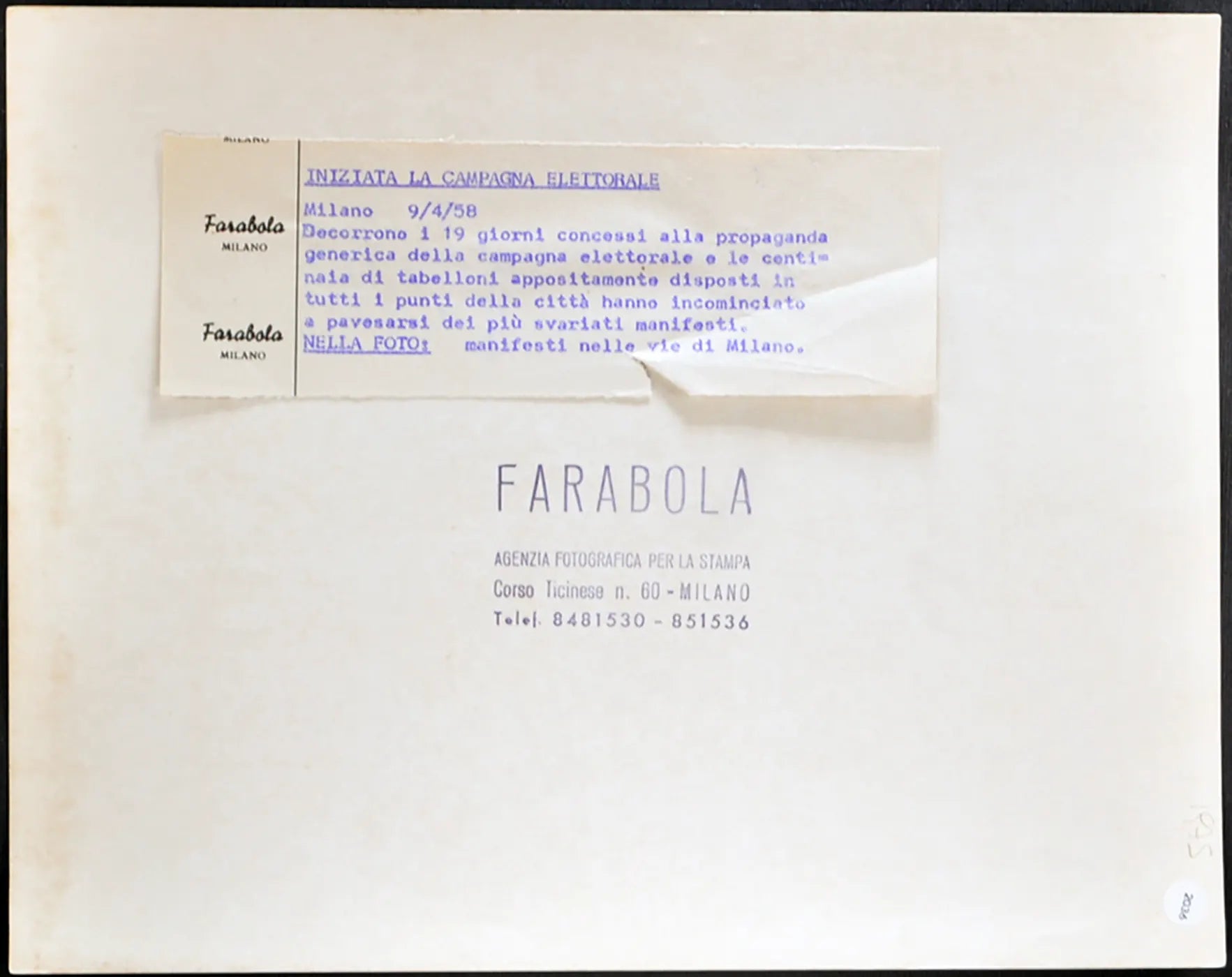 Elezioni Manifesti elettorali 1958 Ft 2036 - Stampa 21x27 cm - Farabola Stampa ai sali d'argento
