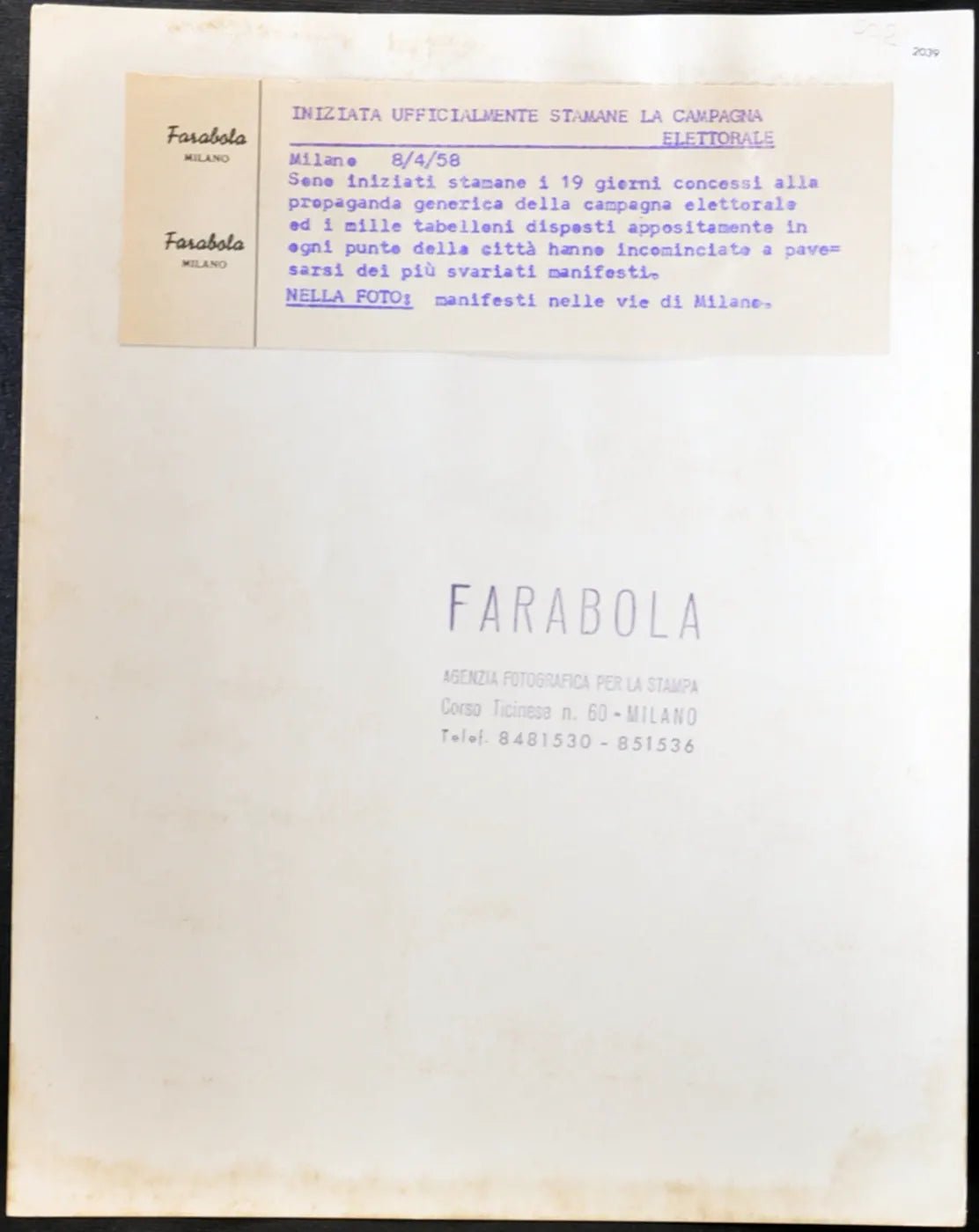 Elezioni Manifesti elettorali 1958 Ft 2039 - Stampa 21x27 cm - Farabola Stampa ai sali d'argento