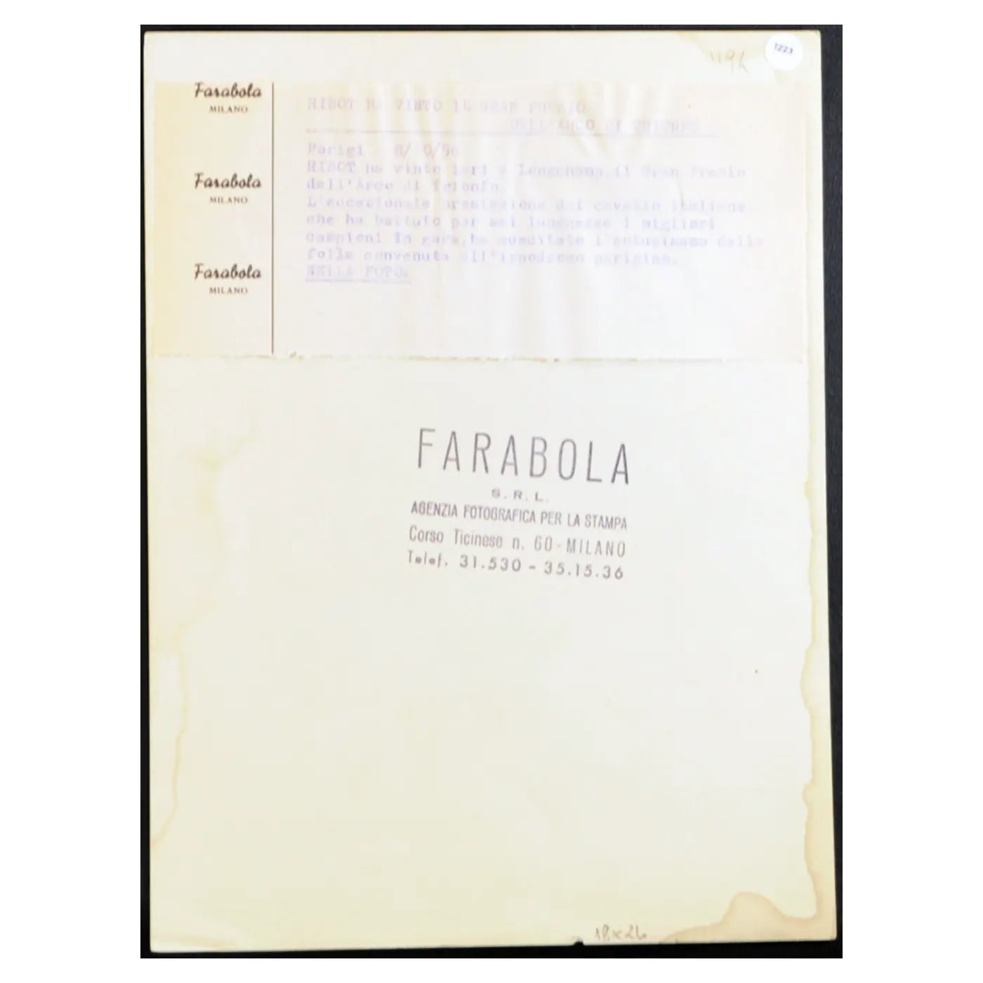Ippica Gran Premio Arco di Trionfo 1956 Ft 1223 - Stampa 24x18 cm - Farabola Stampa ai sali d'argento