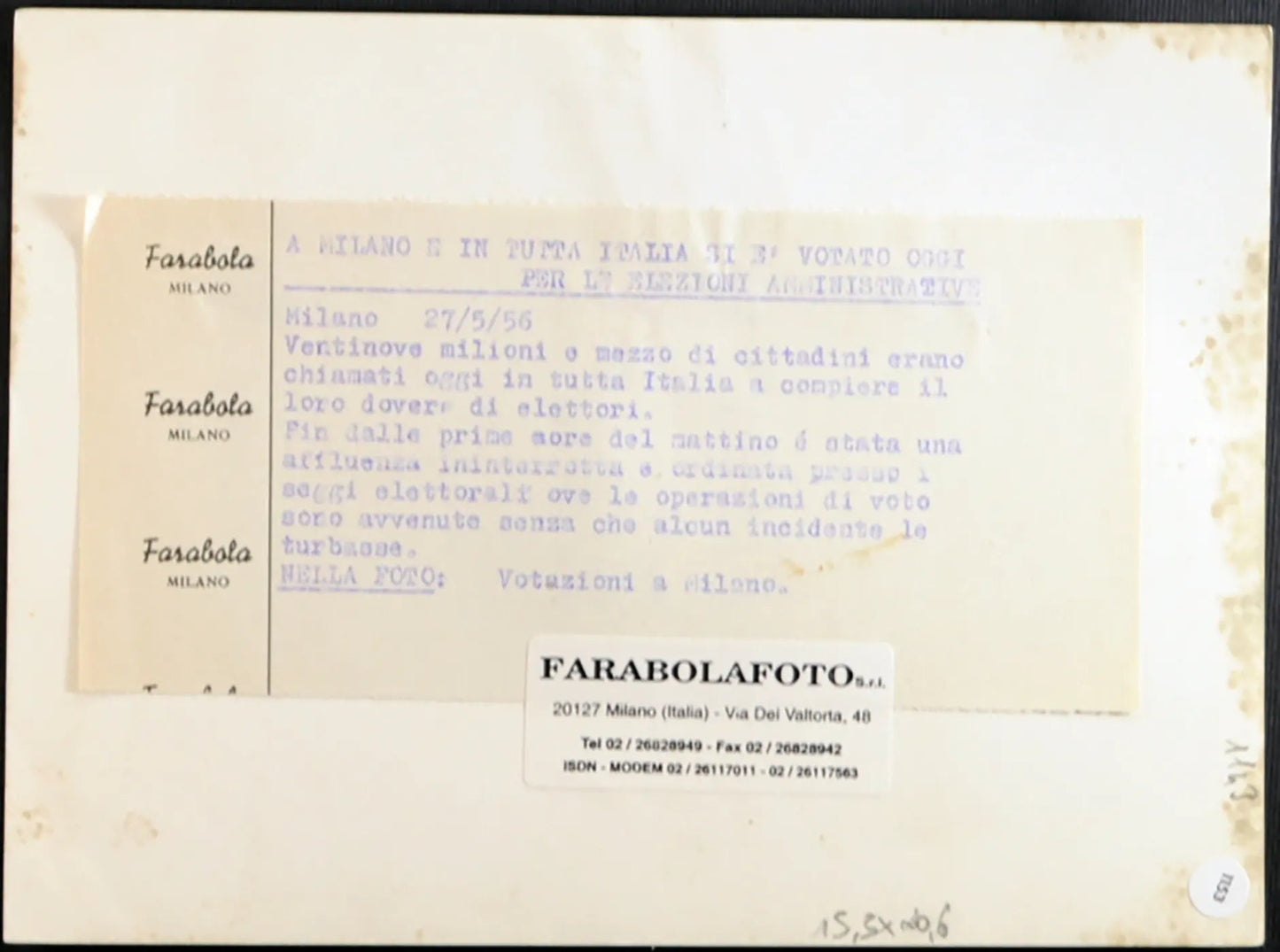 Elezioni Amministrative Milano 1956 Ft 1153 - Stampa 20x15 cm - Farabola Stampa ai sali d'argento