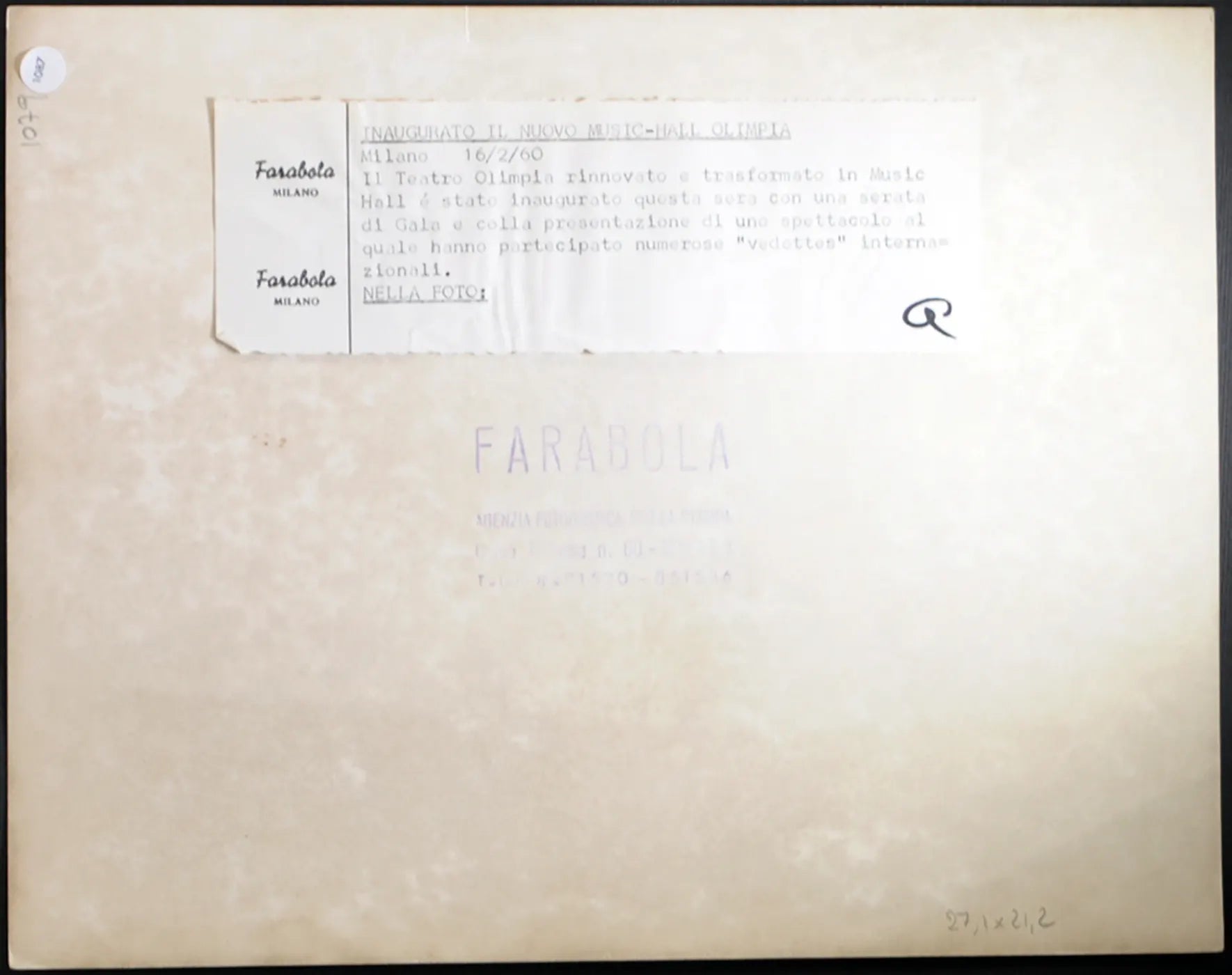 Milano Music Hall Olimpia 1960 Ft 1087 - Stampa 21x27 cm - Farabola Stampa ai sali d'argento