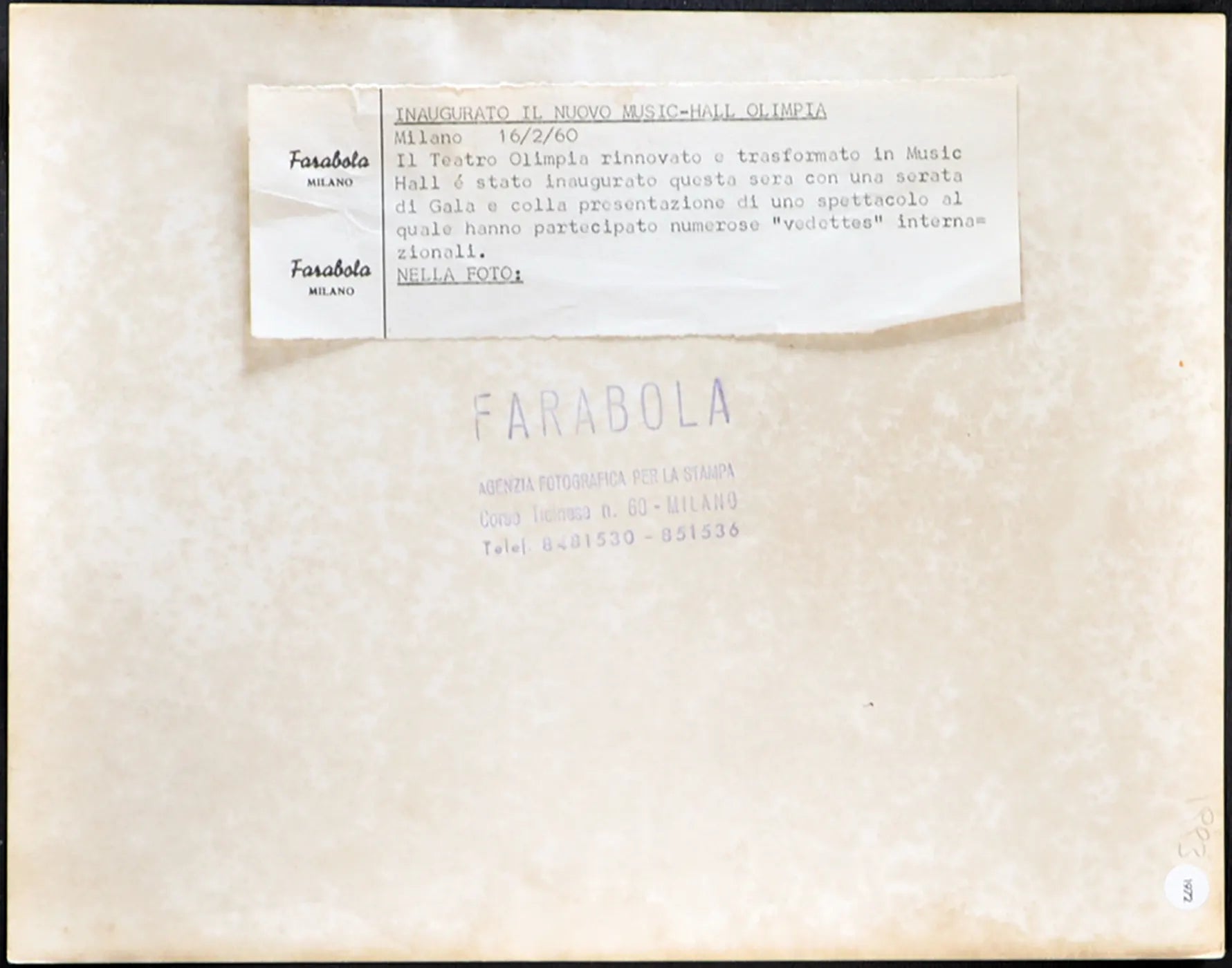 Music-Hall Olimpia Milano 1960 Ft 1972 - Stampa 21x27 cm - Farabola Stampa ai sali d'argento