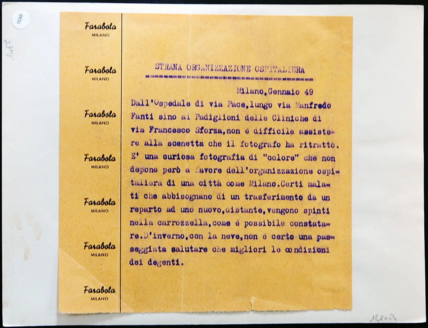 Ospedale di via Pace Milano 1949 Ft 1530 - Stampa 24x18 cm - Farabola Stampa ai sali d'argento