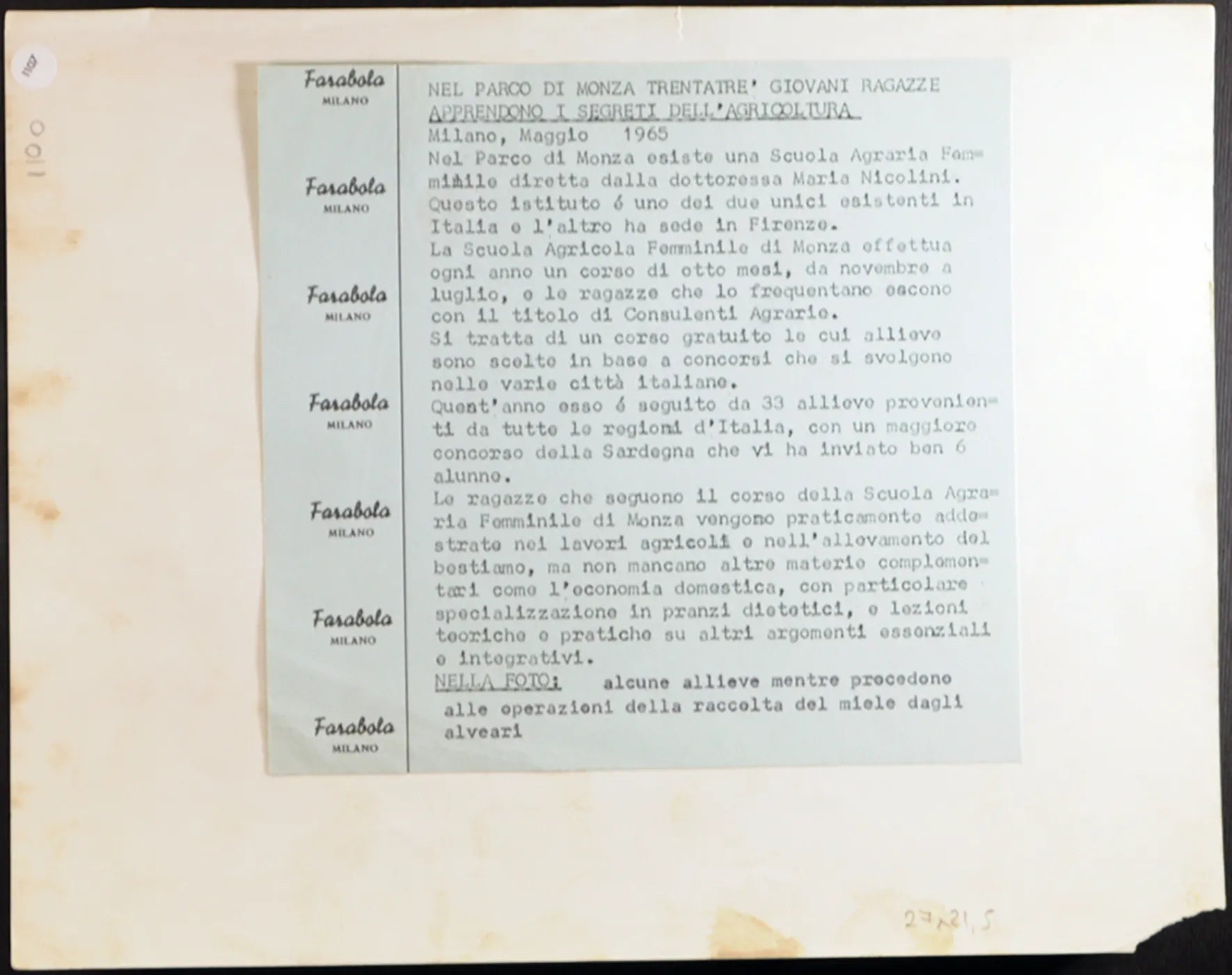 Scuola Agraria Femminile Milano 1965 Ft 1107 - Stampa 21x27 cm - Farabola Stampa ai sali d'argento