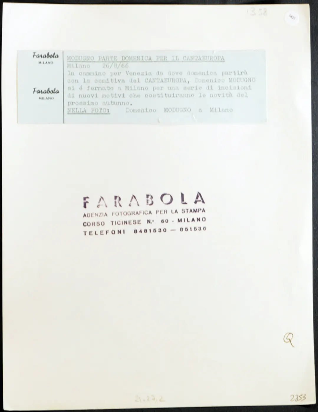 Domenico Modugno 1966 Ft 1421 - Stampa 21x27 cm - Farabola Stampa ai sali d'argento