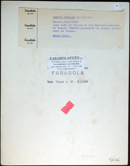 Renata Tebaldi Teatro Manzoni 1958 Ft 415 - Stampa 21x27 cm - Farabola Stampa ai sali d'argento