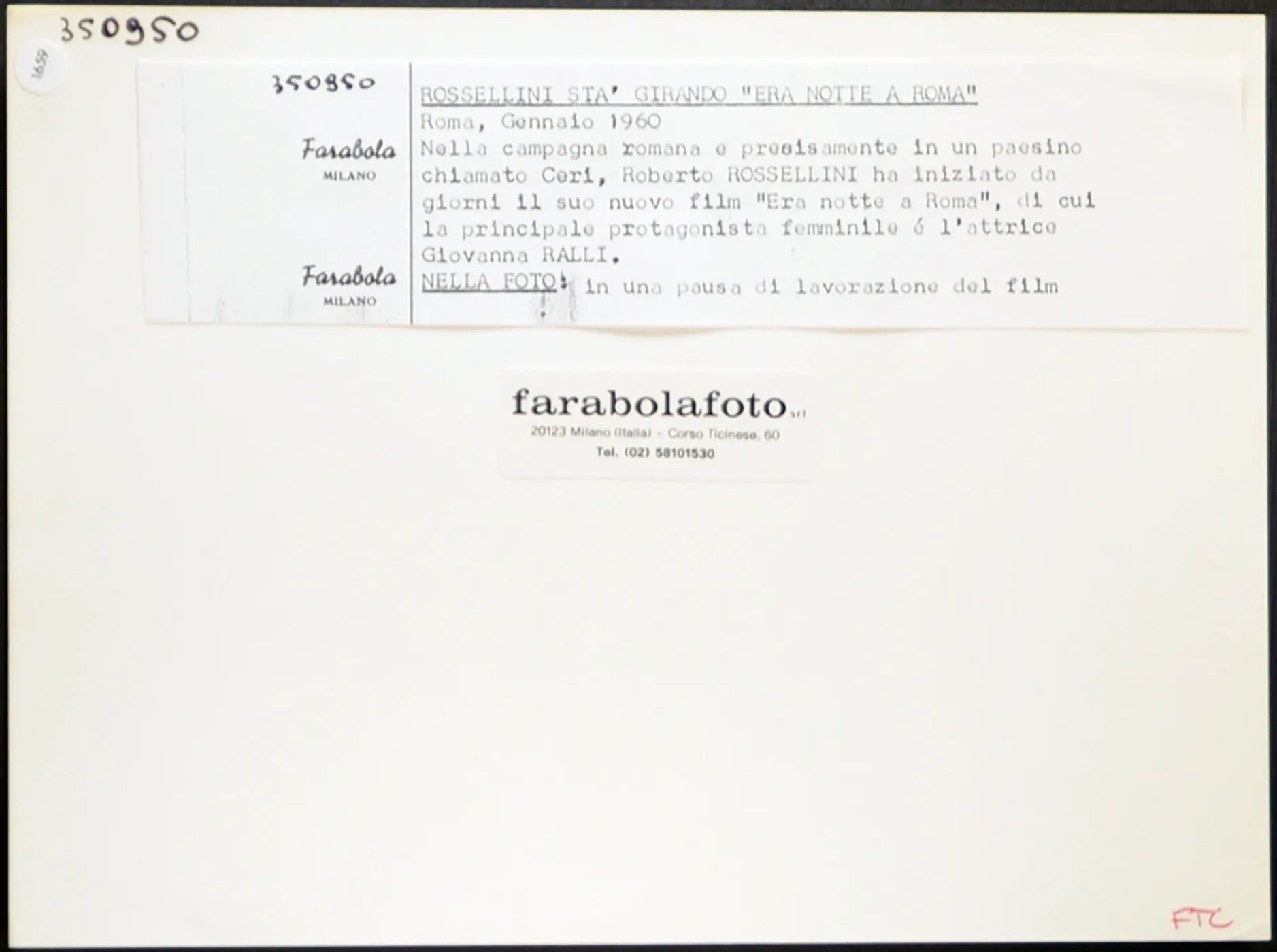 Roberto Rossellini e Giovanna Ralli 1960 Ft 1659 - Stampa 24x18 cm - Farabola Stampa ai sali d'argento